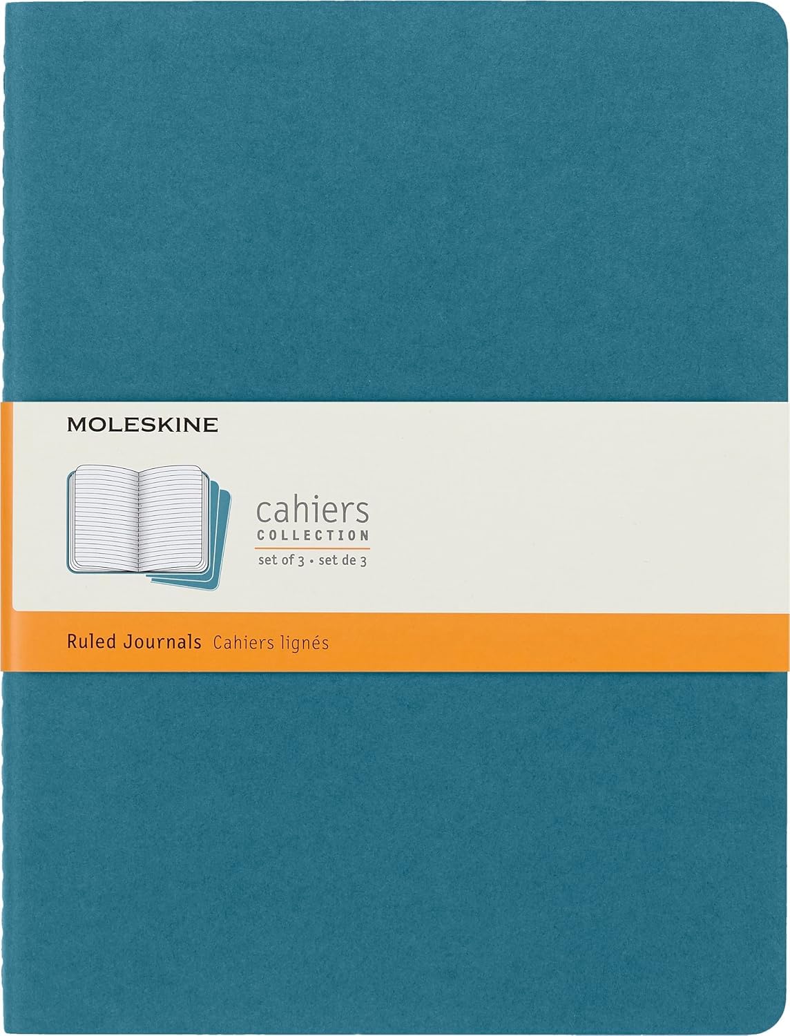 Moleskine Cahier Journal, Set 3 Notebooks with Ruled Pages, Cardboard Cover with Visible Cotton Stiching, Colour Brisk Blue, Extra Large 19 x 25 cm, 120 Pages