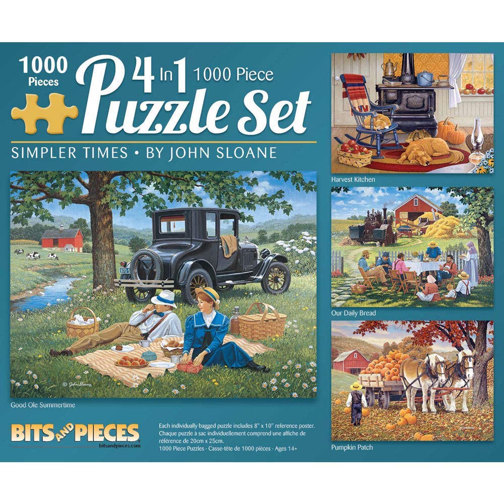 Bits and Pieces - 1000 Piece Jigsaw Puzzle for Adults - Simpler Times 4-in-1 Multi-Pack Set - 1000 pc Old School Country Farm Jigsaw by Artist John Sloane