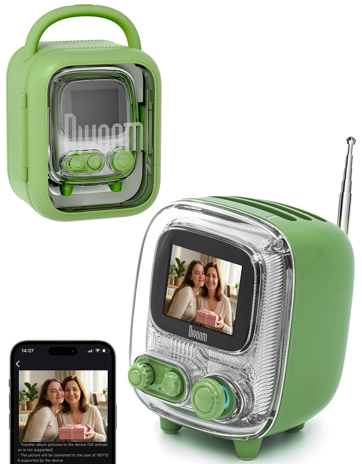 Divoom Tiivoo-2 Retro Bluetooth Speaker with DIY Pixel Art & FM Radio, Cute Alarm Clock and Vintage Desk Decor, Christmas or Birthday Gift for Girls Teens Friends – Green