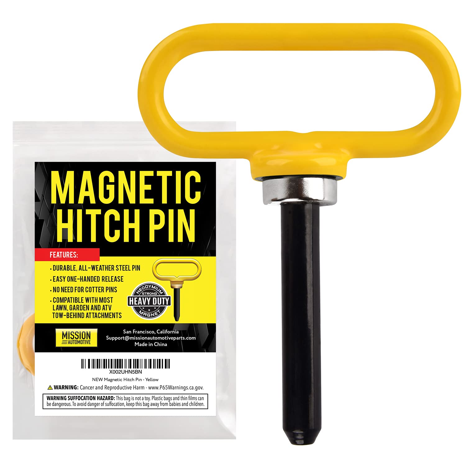 MISSION AUTOMOTIVE Yellow Magnetic Hitch Pin - Lawn Mower Trailer Hitch Pins - Ultra Strong Neodymium Magnet Trailer Gate Pin for Simple One Handed Hook On & Off