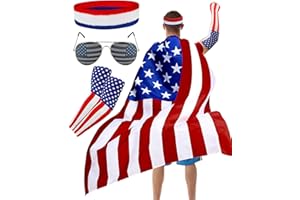 BleSky American Flag Costume Cape, Retro 80's USA Patriotic Flag Cloak Set for Adult 4th of July Independence Day Celebration Halloween Party Accessories