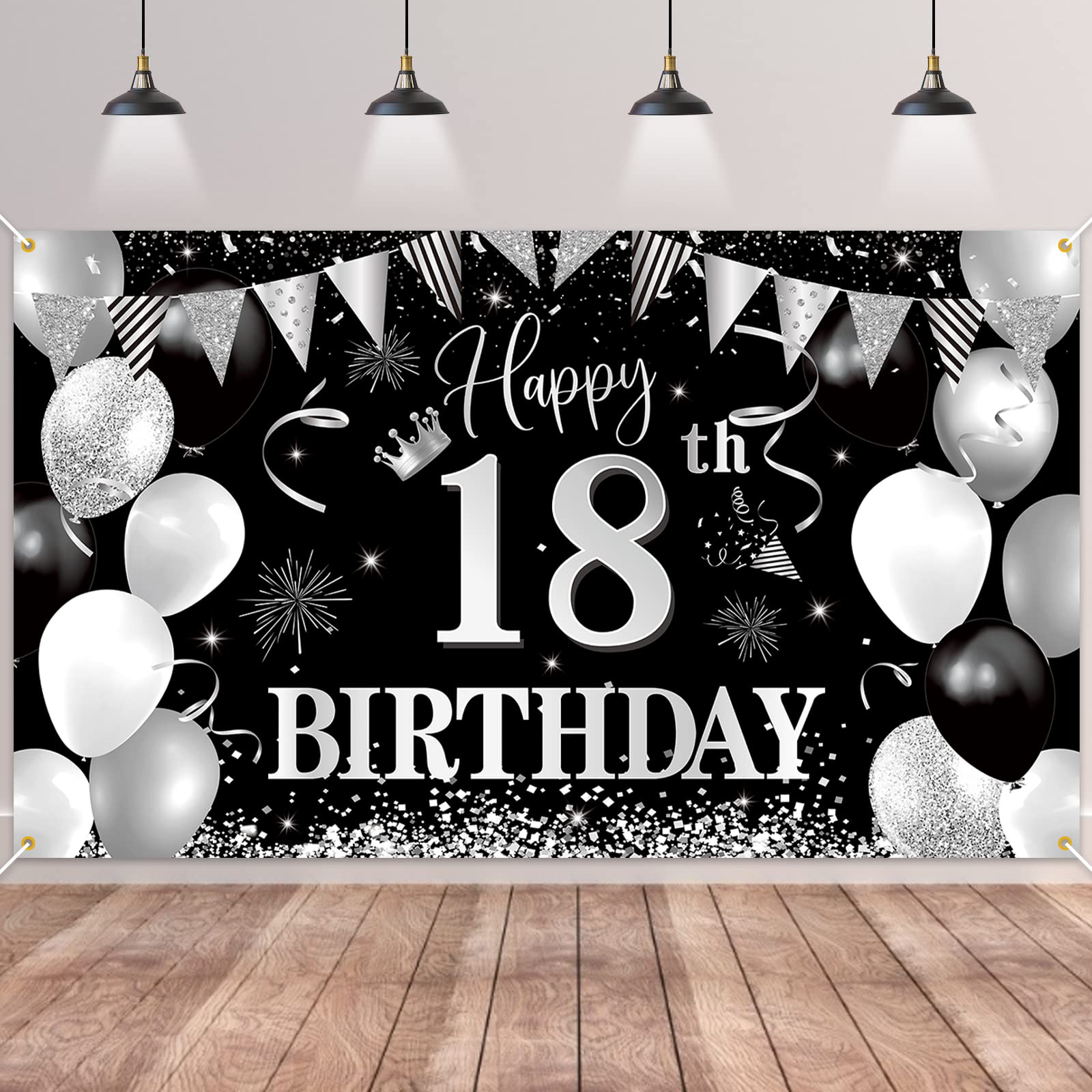 BTZO Happy 18th Birthday Decorations, Black Silver Large Fabric Photo Backdrop Background for Boys & Girls 18th Party, 180×110cm