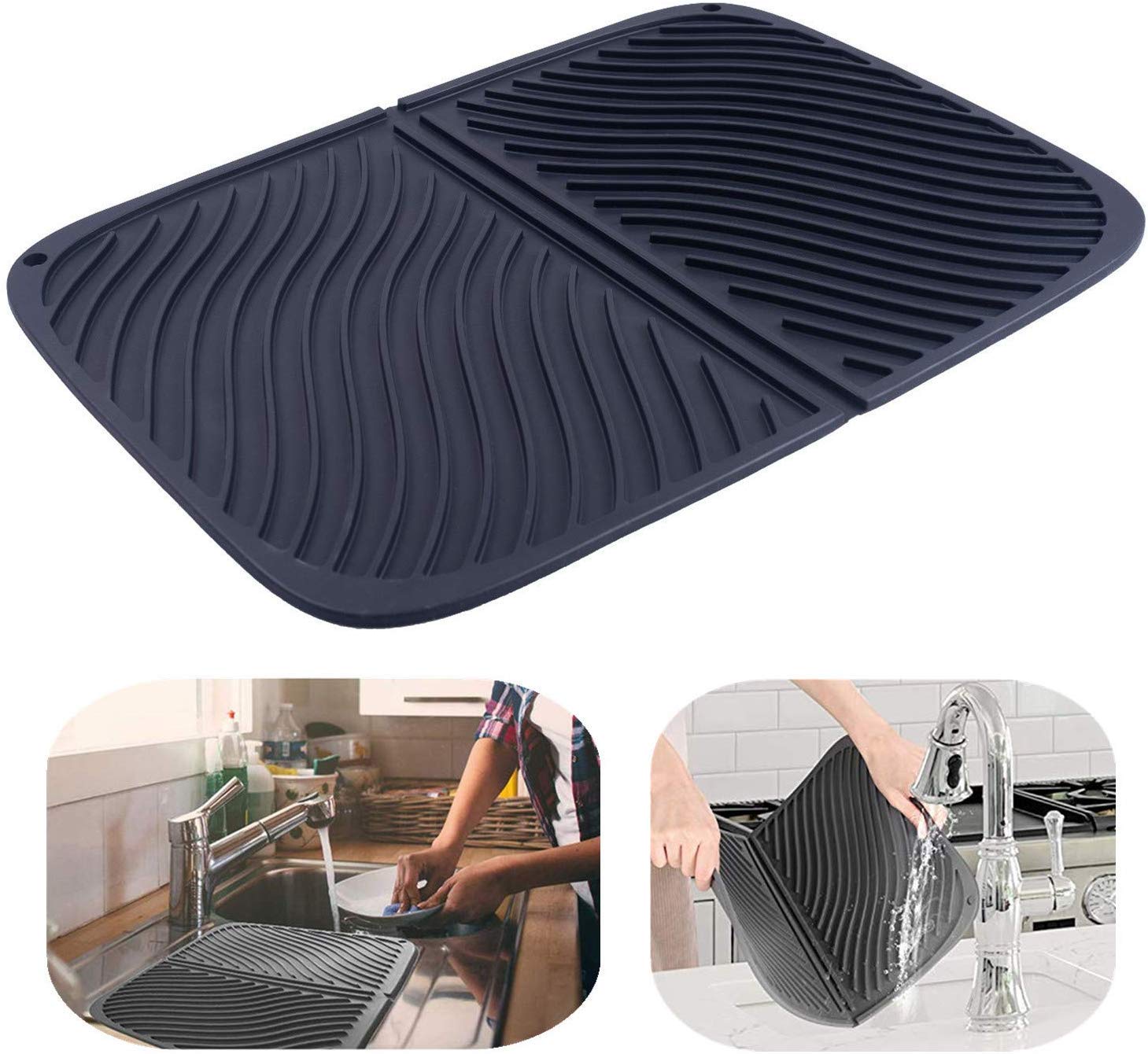 Silicone Dish Drying Mat - Large Draining Board Mat for Kitchen, Heat Resistant, Quick Drying - 17*12'' Washing Up Drainer Mat by IYYI (Black, 17*12")