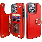 Onetop for iPhone 15 Pro Max Wallet Case with Card Holder, 360° Rotation Ring Kickstand RFID Blocking PU Leather Double Magnetic Clasp Shockproof Cover for Women and Girls 6.7 Inch (Red)