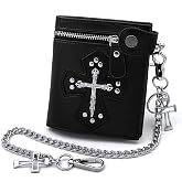 vogueteen Mens Gothic Cross Clasp Black Leather Wallet with Anti-Theft Biker Chain Man Zipper Purse