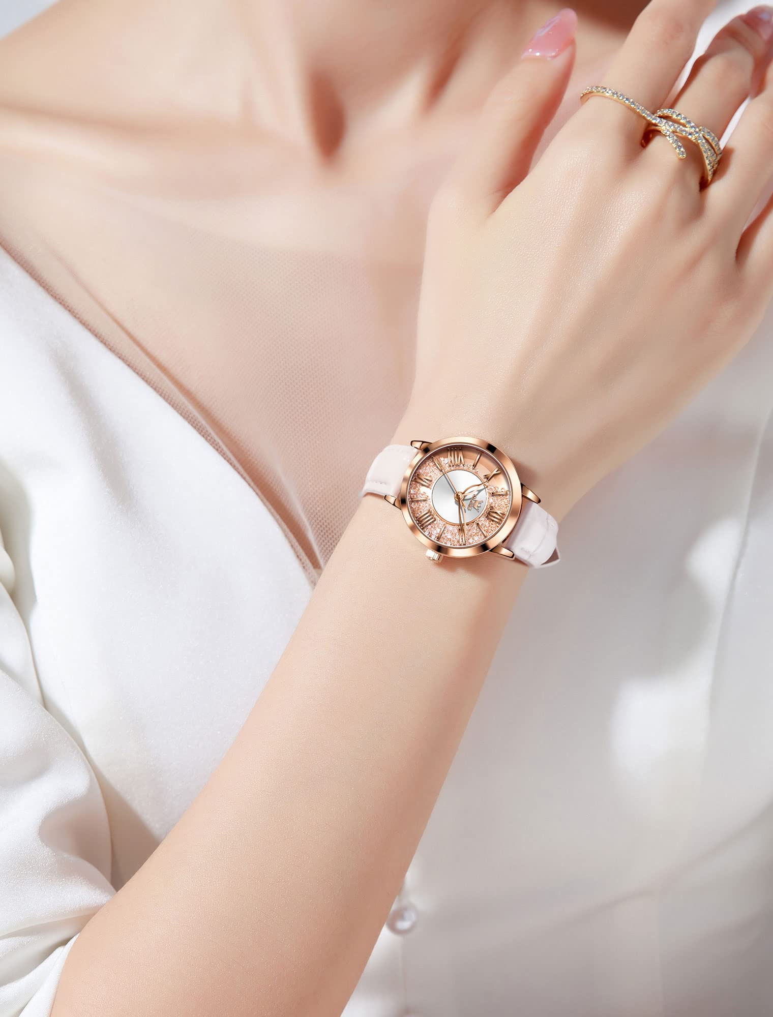 OLEVS Leather Watch for Women Classic Vintage Women Watches Roman Numerals Ladies Dress Watch Waterproof Analog Quartz Womens Wrist Watches Relojes para Mujer Pink, Red, White Leather Strap