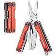 FLISSA Multitool Scissors, 11-in-1 Multi Tool Pocket Knife, Stainless Steel Mini Multitool with Bottle Opener, Screwdriver, Aluminum Handles, Spring - EDC for Outdoor, Camping, Hiking, Fishing, Red