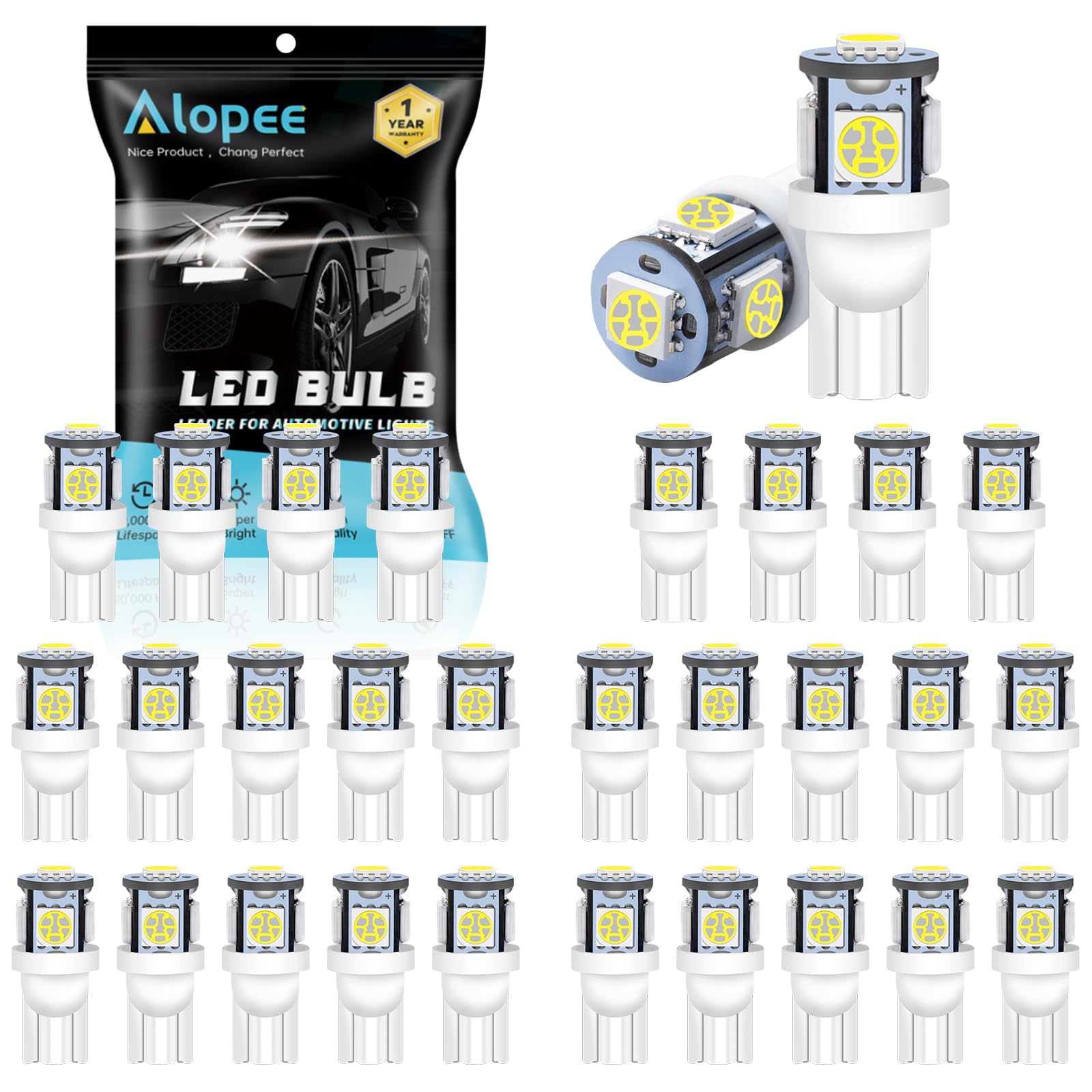 Alopee 30-Pack W5W LED Bulb White 5SMD 5050 Chips 6500K T10 501 Led Bulbs 12V Car Replacement for Map Dome Courtesy Number Plate Dashboard Side Marker Light
