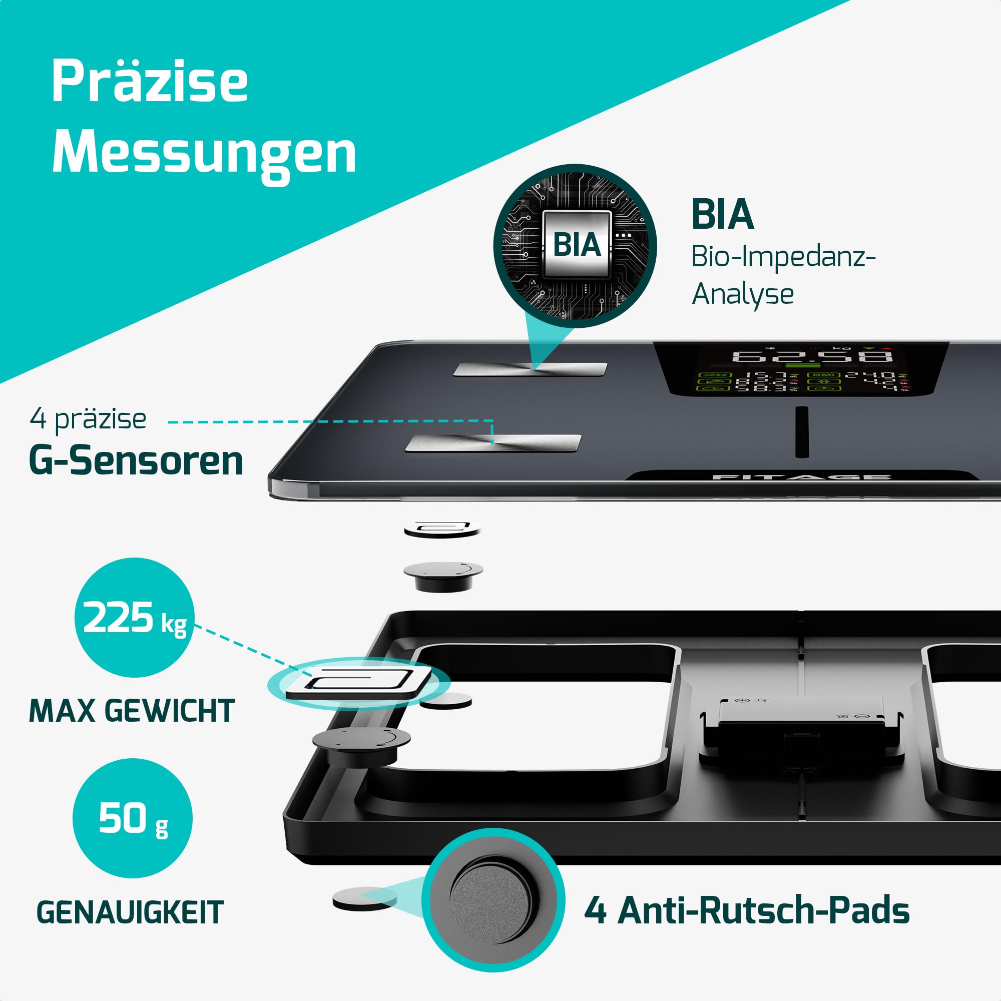 Personenwaage digital Testsieger 2025, Körperwaage bis 225kg, Körperfettwaage mit 17 Körpermesswerten, Körperanalyse mit App, Waage mit Körperfett und Muskelmasse mit großem LED-Display - Schwarz 4