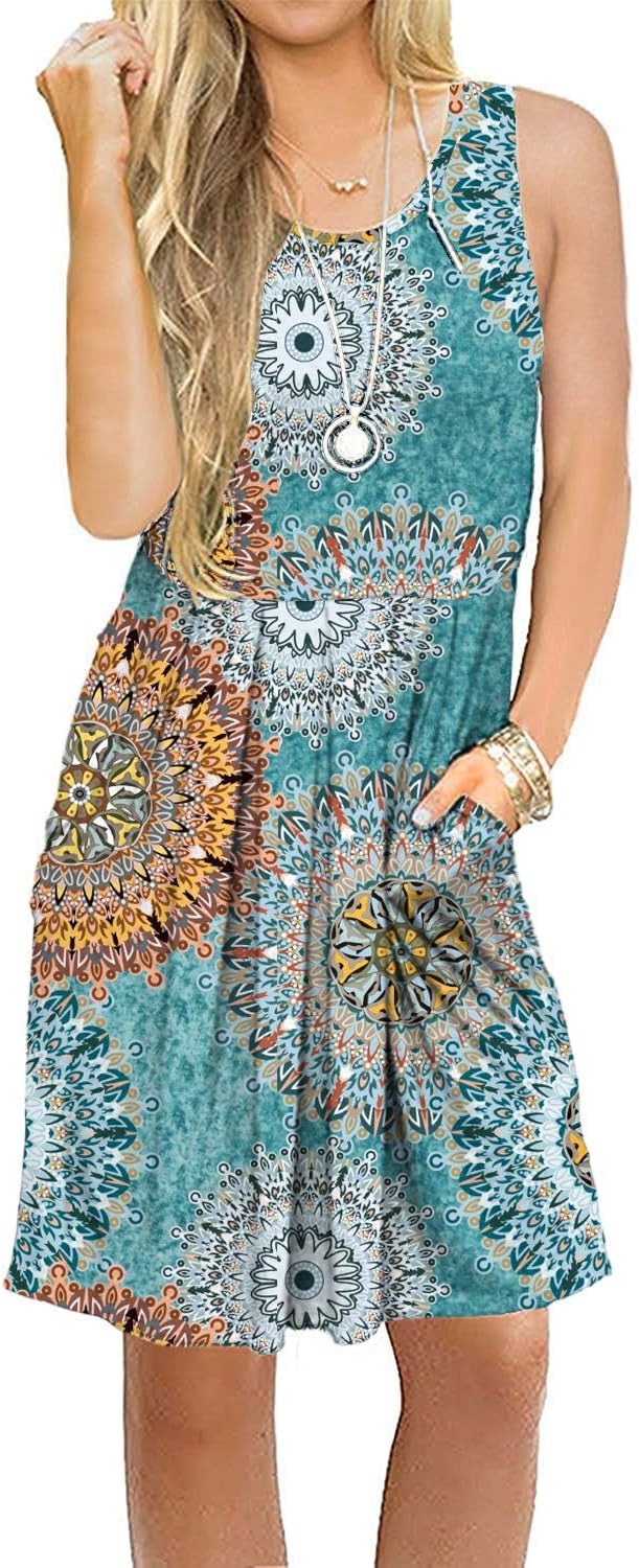 Women's Sleeveless Pleated Loose Swing Casual Dress with Pockets Knee Length