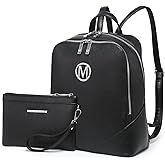 MKP Women Fashion Double Zipper Medium Backpack Purse PU Leather Ladies Travel Shoulder Bag Set 2Pcs