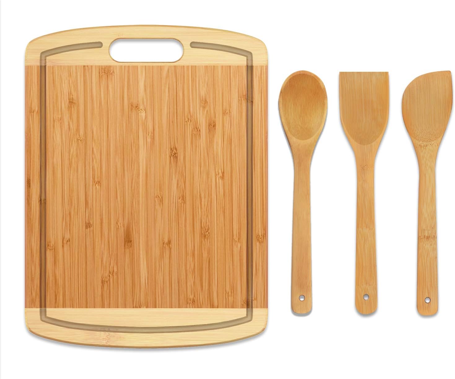 BamBoo Cutting Board - [4 Piece Set] Large Chopping Boards with Juice Groove for Kitchen,Organic Bamboo Butcher Block and Serving Tray with Handle for Meat and Vegetables (15.8x12 Inch)