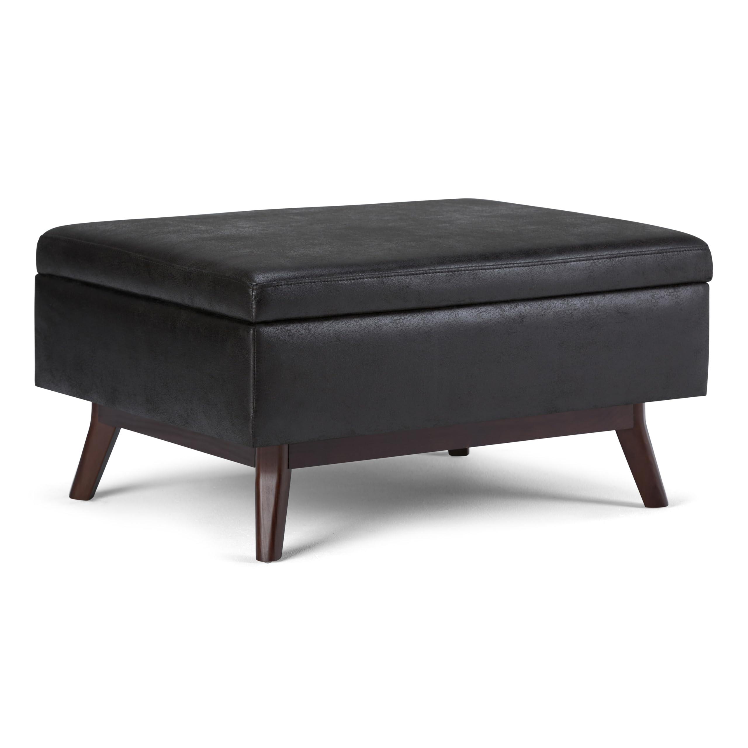 Photo 1 of SIMPLIHOME Owen Coffee Table Storage Ottoman - 34 inch Wide Upholstered Vegan Leather Rectangular Lift-Top Ottoman in Distressed Black, Mid-Century Modern Bench for Living Room with Tapered Legs