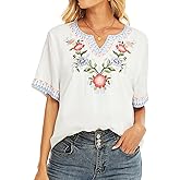 Higustar White Mexican Embroidered Tops for Women Boho Peasant Floral Shirt Bohemian Clothes Traditional Fiesta Tunic Blouse