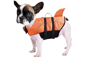 QUEENMORE Ripstop Dog Life Jacket Shark Life Vest for Dogs, Safety Lifesaver with High Buoyancy and Lift Handle for Small and Medium Breeds（Orange XS）