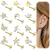 REVOLIA 12Pcs 16G Threadless Cartilage Earrings Stud 14K Gold Plated Tragus Earrings for Women 316L Stainless Steel Flat Back Earrings Stud Helix Conch Cartilage Piercing Jewelry Set 6/8mm