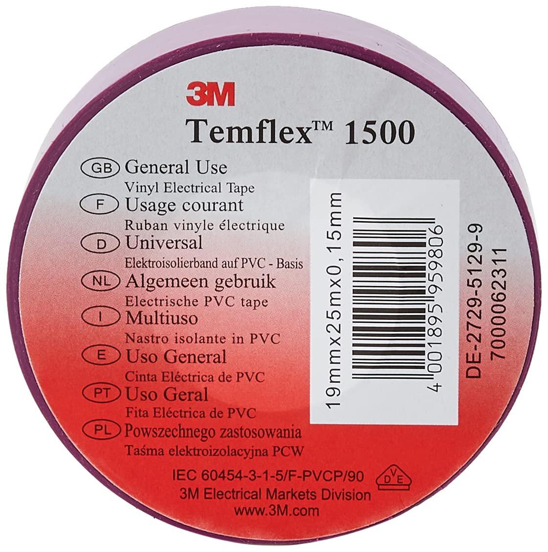 3M TVIO1925 Temflex 1500 Vinyl electrical insulation tape, 19 mm x 25 m, 0.15 mm, purple
