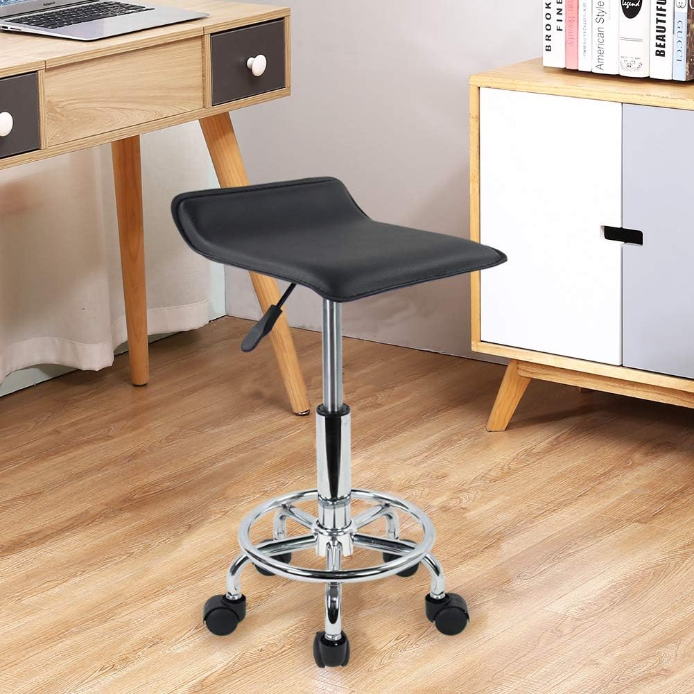 KKTONER Square Height Adjustable Rolling Stool with Foot Rest PU Leather Seat Cushion Medical Spa Drafting Salon Tattoo Work Swivel Office Stools Task Chair Small (Black): Kitchen & Dining