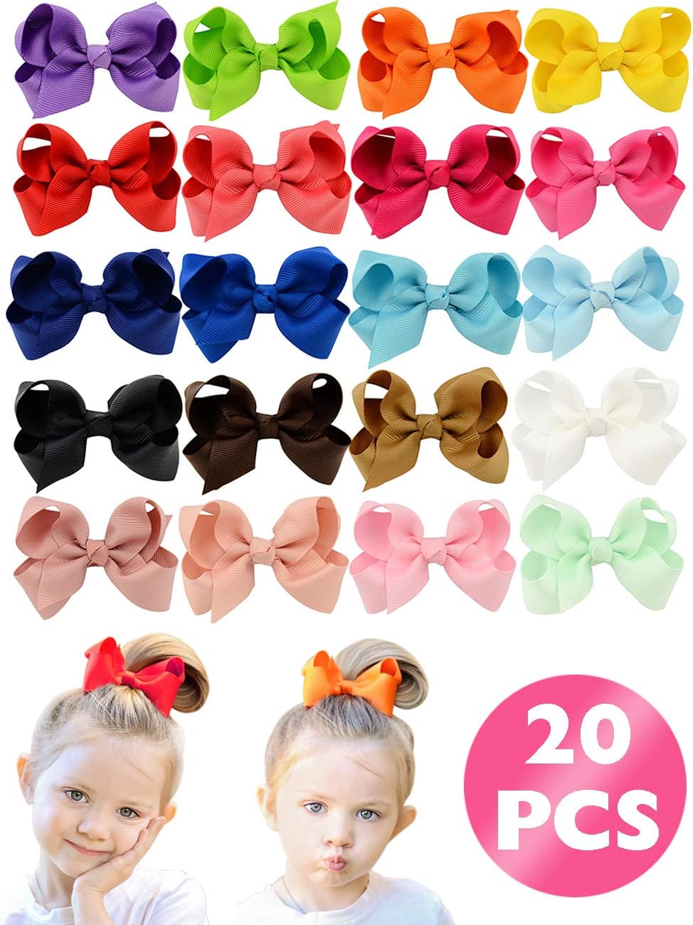 HLIN 20 Pcs 3" Grosgrain Ribbon Boutique Hair Bows Alligator Clips Hand Made for Baby Girls Toddlers Kids