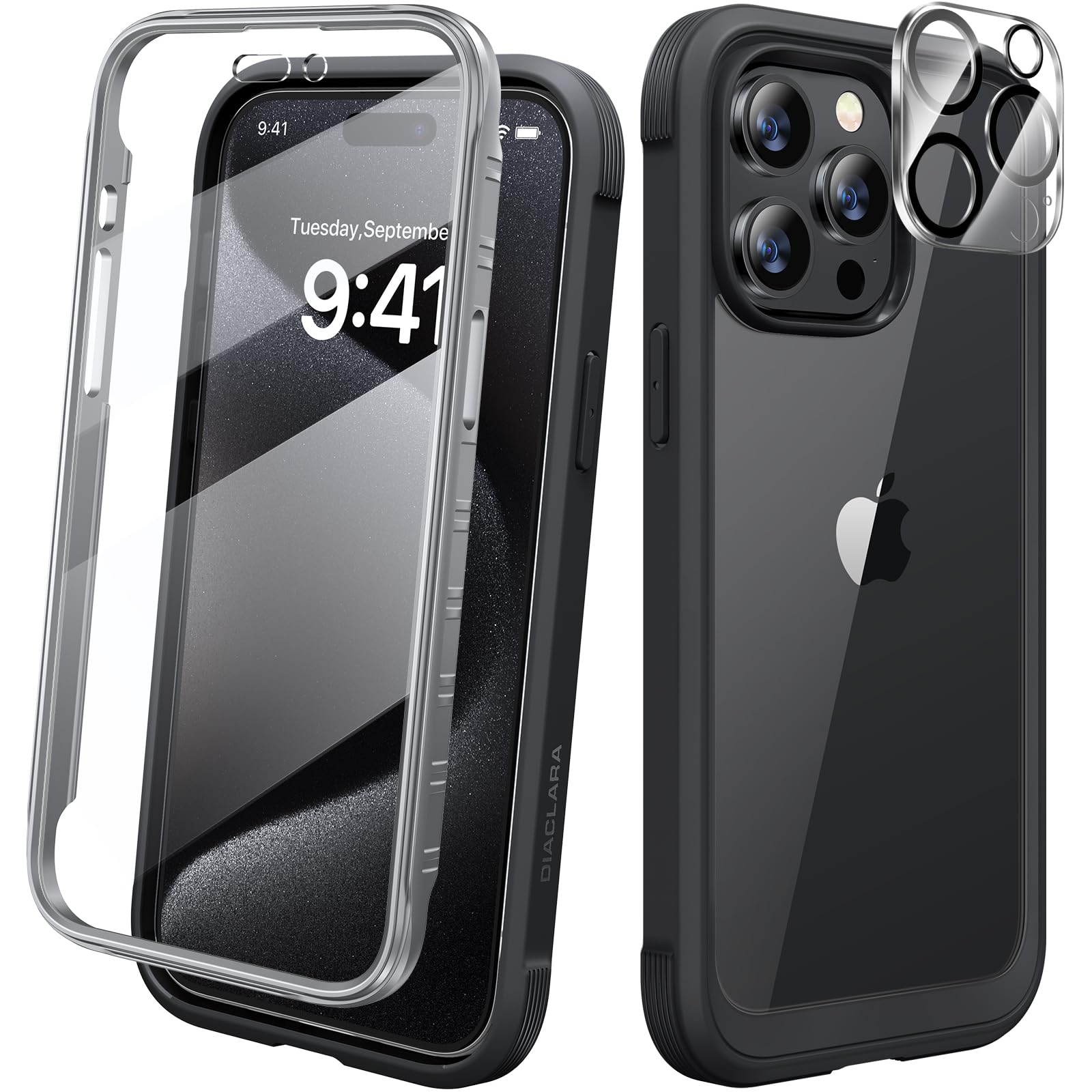 Diaclara for iPhone 15 Pro Case, Full Body Rugged Case with Built-in Touch Sensitive Anti-Scratch Screen Protector + Glass Camera Lens Protector for iPhone 15 Pro 6.1" (Black)