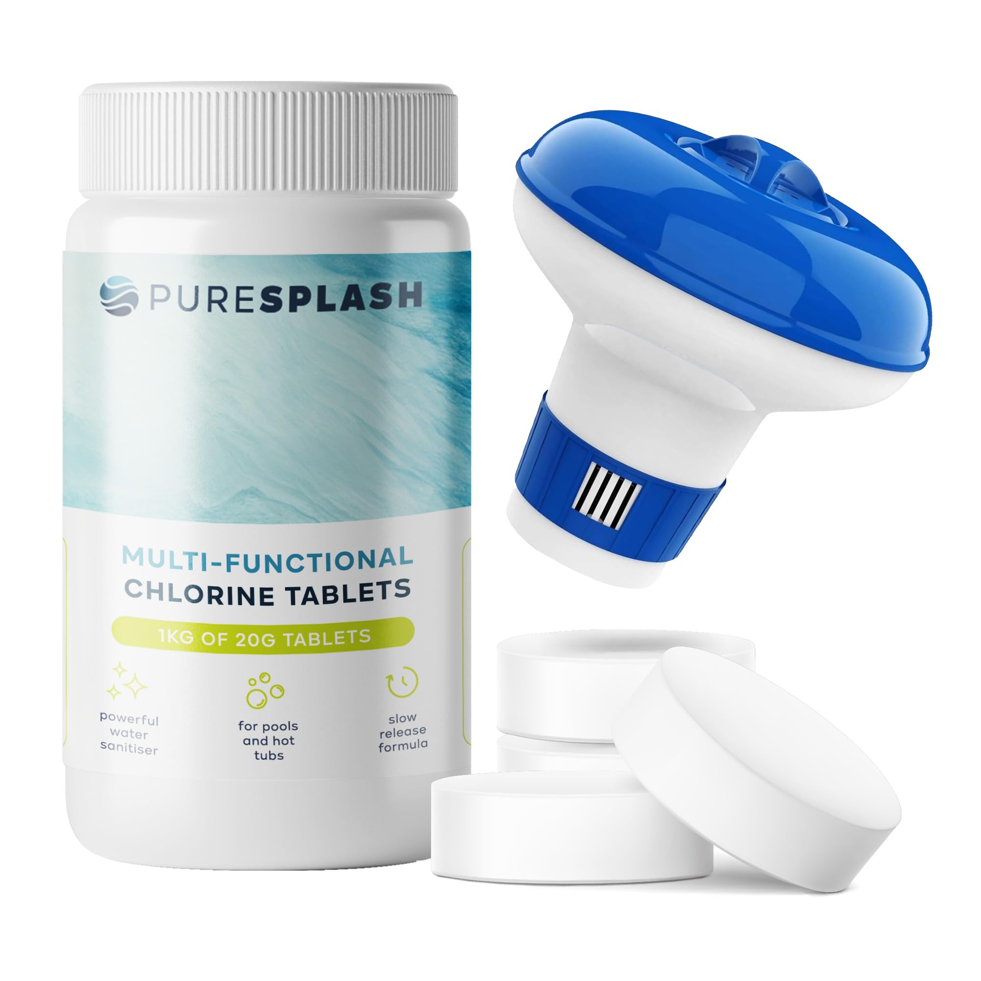 𝐏𝐔𝐑𝐄 𝐒𝐏𝐋𝐀𝐒𝐇! 1kg 4-in-1 Chlorine Tablets with Floating Dispenser – Hot Tub & Pool Chemicals for Inflatable, Paddling & Above-Ground Pools | Sanitiser, Algaecide, Stabiliser, Clarifier