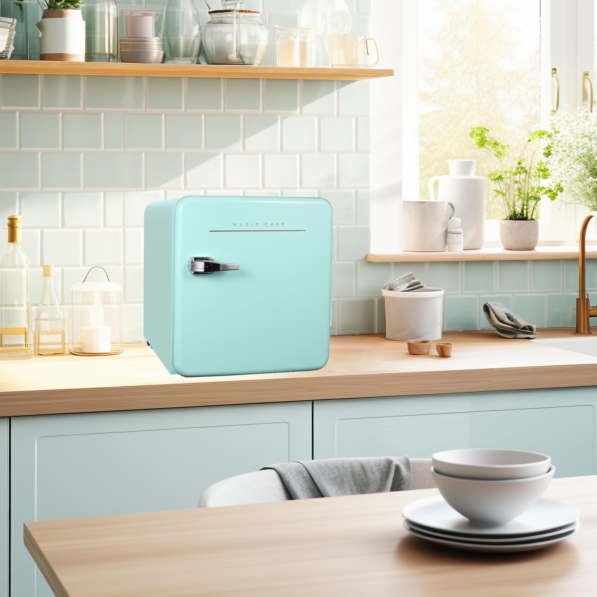 Magic Chef 1.6 Cubic Feet Retro Style Mini Fridge with Interior LED Light and Removable Glass Shelf Ideal for Bedroom and Recreational Room, Mint