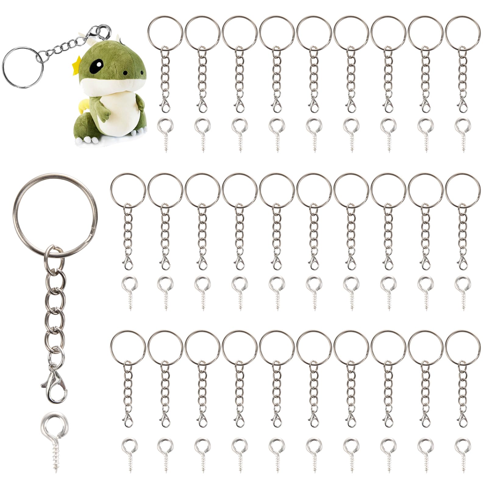 30PCS Metal Keyring Blanks with Chain, Split Key Rings, Open Jump Rings, Screw Eye Pins - Sliver DIY for Craft Jewellery Making