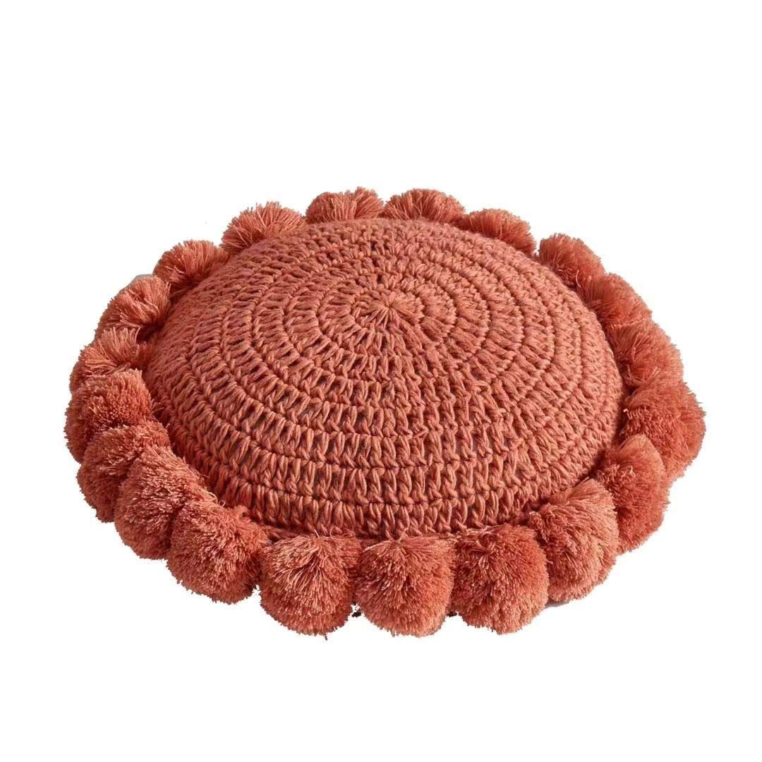 Photo 1 of Boho Round Throw Pillow with Pom Poms Fringe Tassels, Bohemian Cute Decorative Circular Pillow with Knitted Texture for Sofa Chair, Acrylic Diameter 18 inches, Orange