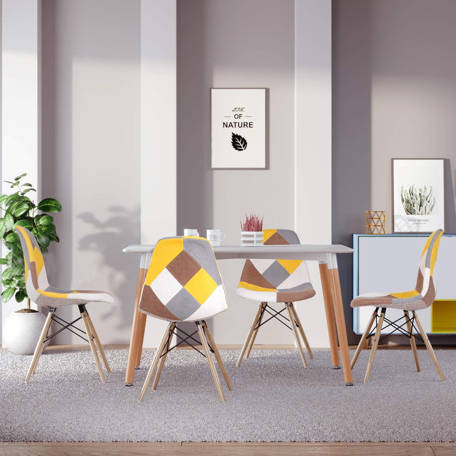 jeffordoutlet Dining Table and Set of 4 Chairs,Modern Home Kitchen Living Room Furniture (white table + yellow patchwork chairs)