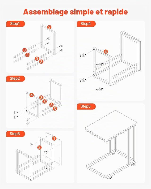 Table d'appoint mobile en forme de C, bouts de canapé avec cadre en métal et roulettes, support d'extrémité portable 500 x 350 x 605 mm, table basse pour salon, chambre à coucher, bureau, marron