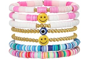 YALASOBA Preppy Bracelets Set Colorful White Gold Smile Heart Star Polymer Beaded Pearl Clay Stackable Charm Y2K Kidcore Aesthetic Summer Beach Bohemian Stretch Layering Bracelets Jewelry for Girls Women Teens