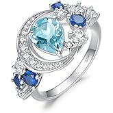 JewelryPalace Moon Star 2.2ct Pear Cut Genuine Sky Blue Topaz Created Sapphire Statement Rings for Women, 14k White Gold Plated 925 Sterling Silver Ring for Her, Natural Gemstone Jewelry Sets