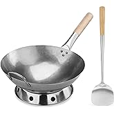 New Star Foodservice Carbon Steel Wok Set - 14" Round Bottom, Hand Hammered With Wood and Steel Helper Handle, Includes Rack/Ring and Spatula (Hand Wash Recommended)