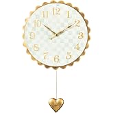 MACKENZIE-CHILDS Heart Pendant Wall Clock, Gray-and-White Sterling Check | Printed metal with tarnished brass finish and keyhole hanger, requires one AA battery (not included), 18" dia. x 28.75" H