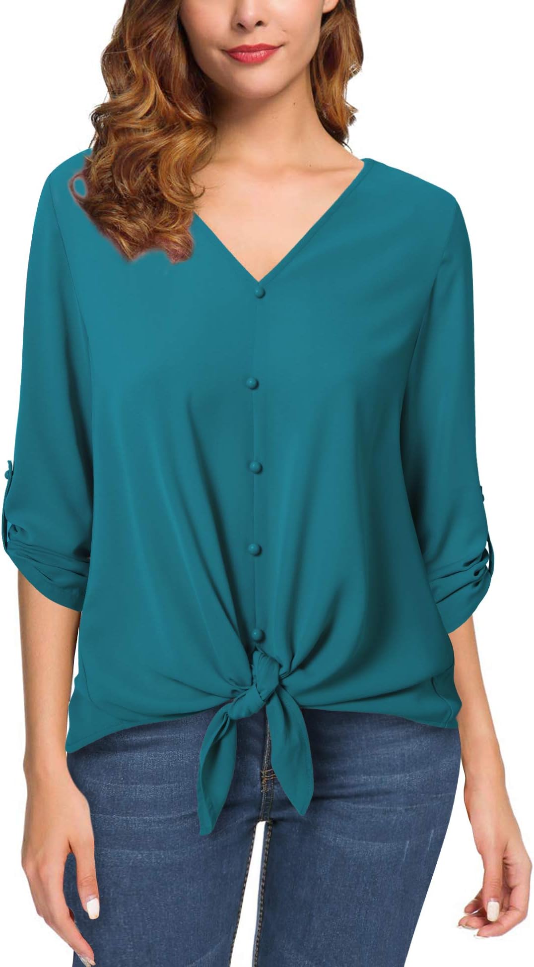 Women's 3/4 Bell Sleeve Mesh Blouse Tops Pleated Front Layered Tunics Shirt