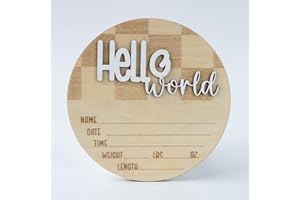 CUNCUN Hello World Baby Birth Stats Sign, 6.2 inches, Wood Engraved Hospital Announcement Board with Flower (BBL2)