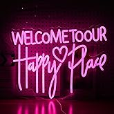 LIUOZHTEA Welcome To Our Happy Place Neon Sign LED Pink Our Happy Place Neon Light With USB for Wall Decor Dimmable Happy Letters Light Up Sign for Bedroom Wedding Party Home Decor (16.7 * 12.6In)