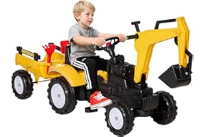 Aosom Digger Ride-on Truck Kids Car with Horn, Excavator Ride-on Toy, Imaginative Toy Construction Car, 6 Wheels & Detachable Trailer, Yellow