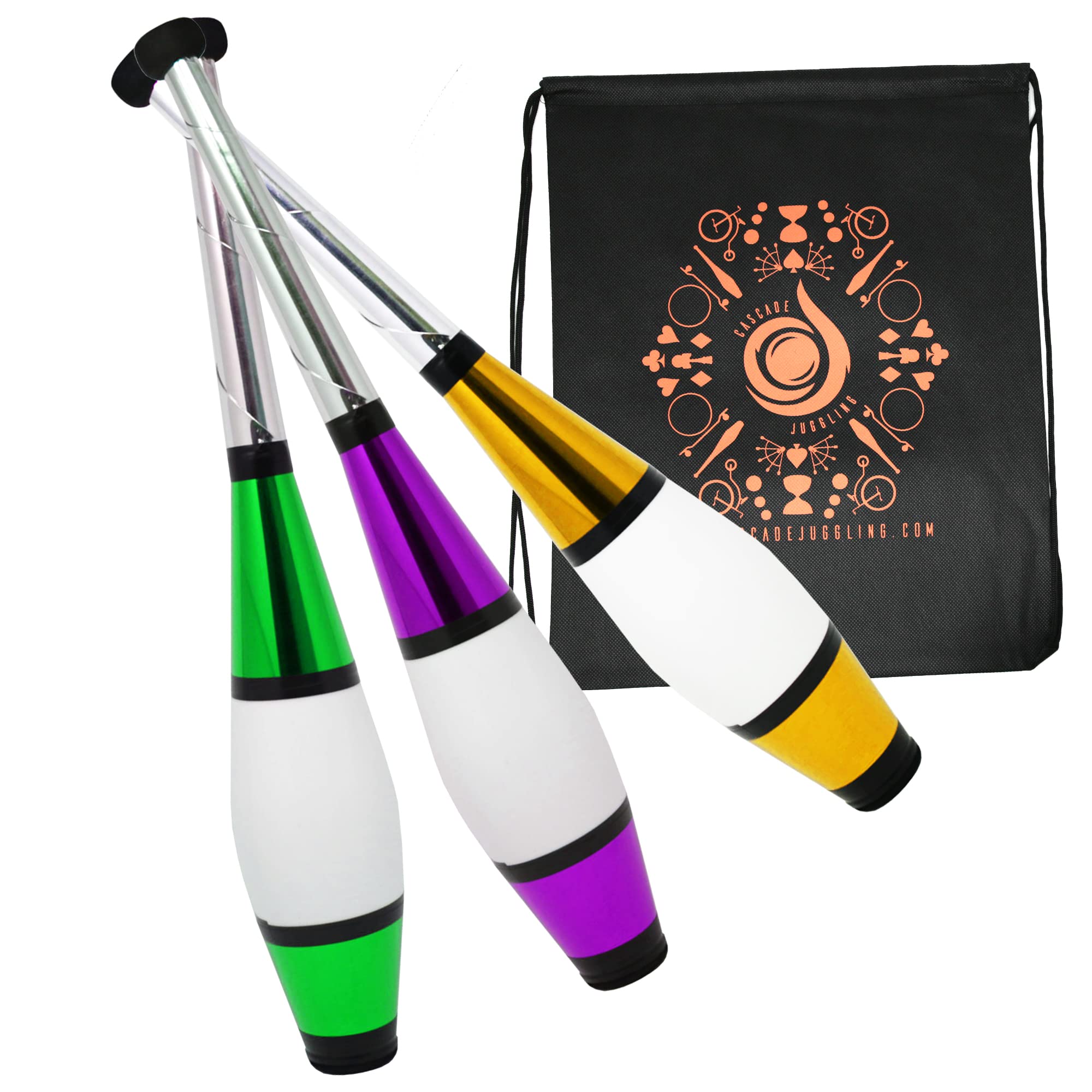 Juggle Dream 3 x Euro Clubs - Green, Purple, Gold - Great Beginner to Intermediate Juggling Clubs with Cascade Juggling Bag