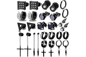 NUNPAG 14 Pairs of Stainless Steel Earrings for Men - Fashionable Black Cross Design - Titanium Earring- Suitable for All Occasions