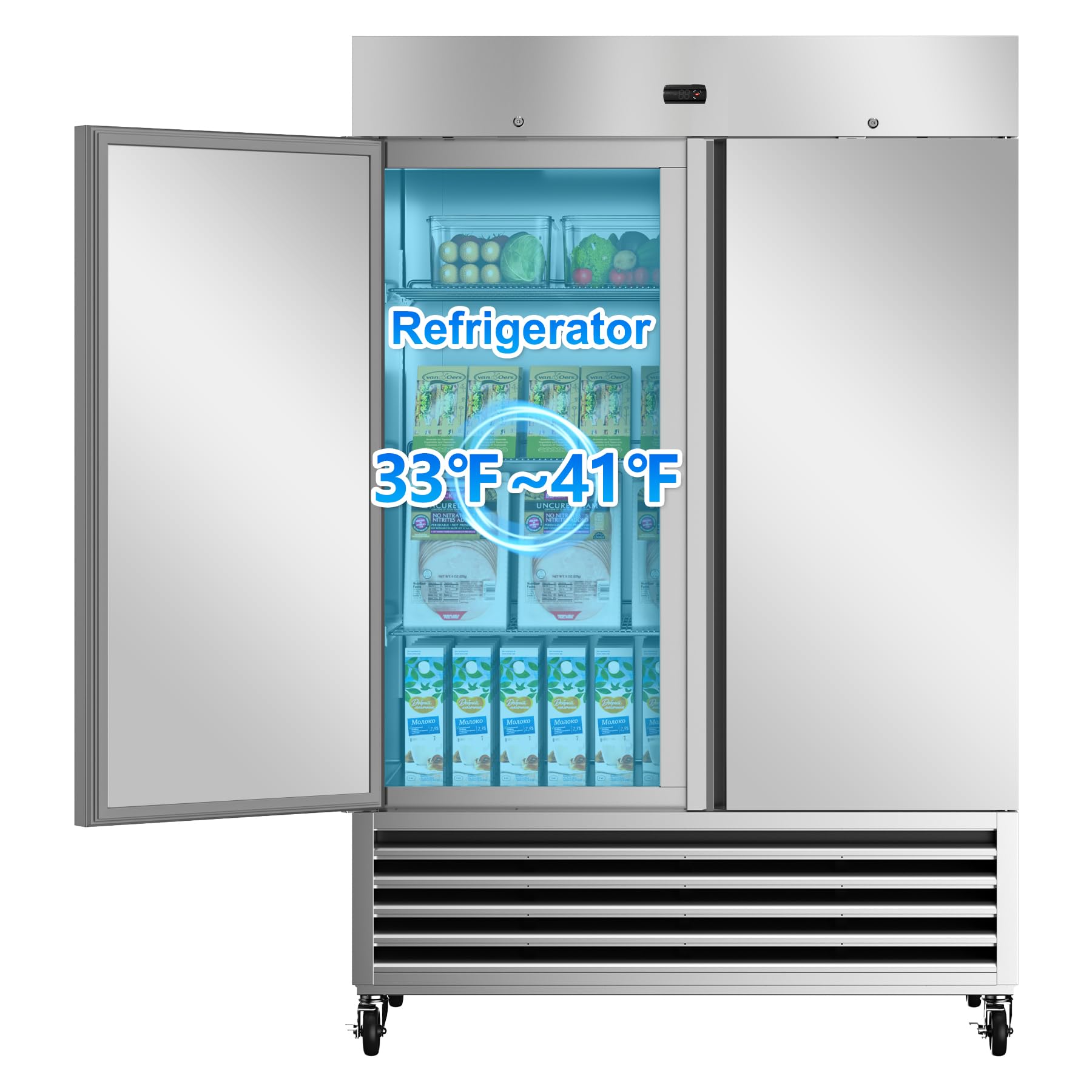 Photo 1 of **DIRT ON OUTSIDE AND FRONT.DENT AND SCUFF ON SIDE. DENTS AND SCRAPES ON BACK. **Rockitch 54" W Commercial Refrigerator, 46 Cu.ft Stainless Steel Reach-in Upright Refrigerator with 2 Solid Door and 3 Adjustable Shelves for Restaurant, Commercial Kitchen,