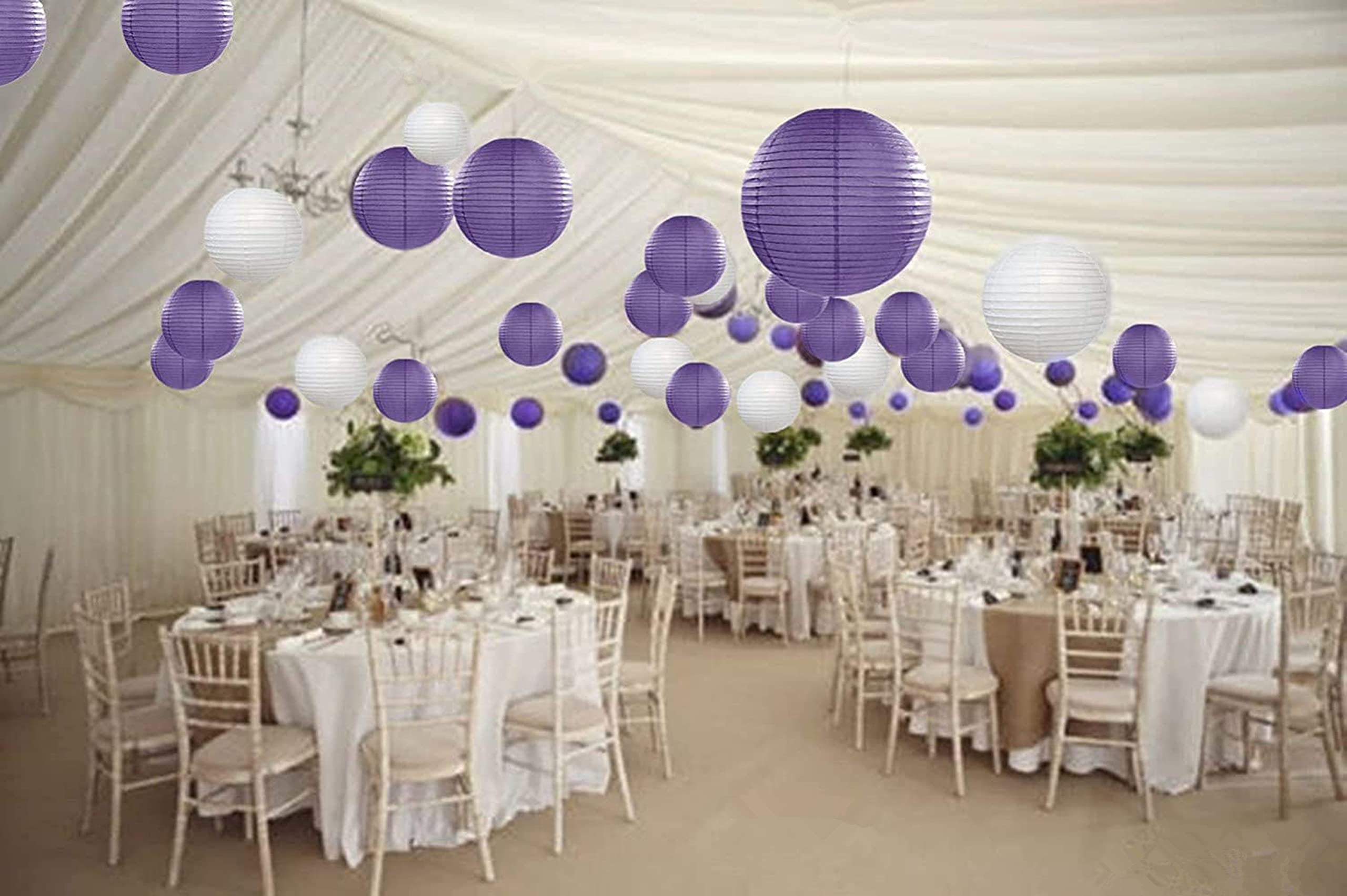 A Liittle Tree- 12 Mixed Size New Round Paper Lanterns Wedding Birthday Party Events (White & Purple, 3 x 8" + 3 x 10" + 3 x 12" + 3 x 14")