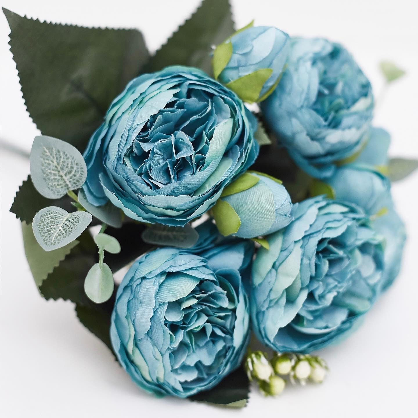 The Baked Studio - Silk Peony and Tea Rose Artificial Bouquet 9 Heads Realistic Fake Plant for DIY Craft Cake Living Room Home Wedding Decoration (BLUE)