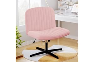 naspaluro Modern Office Chair Criss Crossing Leg, Armless Wide Desk Chair No Wheels, Mid Back Computer Task Vanity Chair Height Adjustable Swivel Padded Fabric Chair for Home/Office/Bedroom, Pink