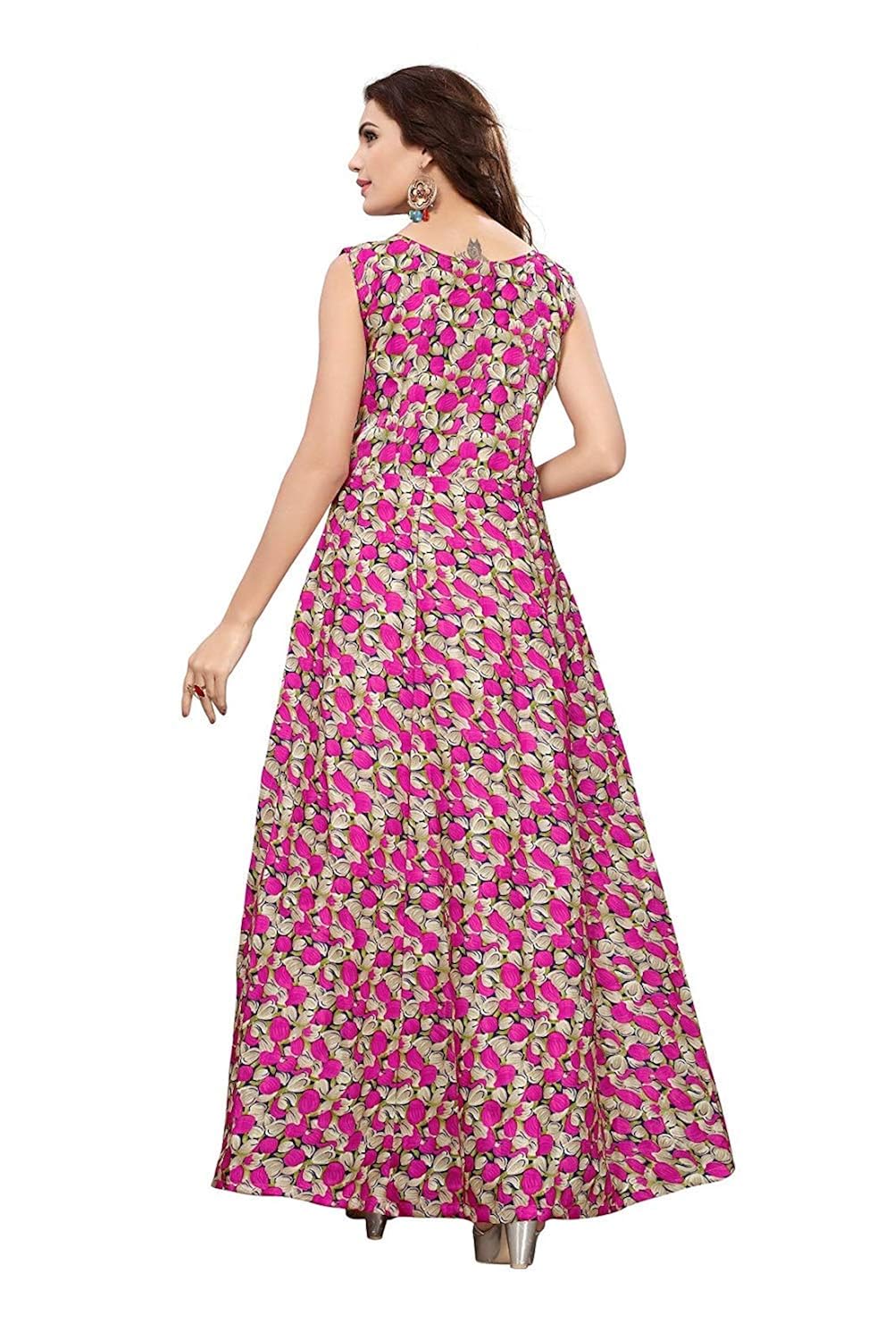 fast fashions women's printed flare semi-stitched gown (pink_free size)
