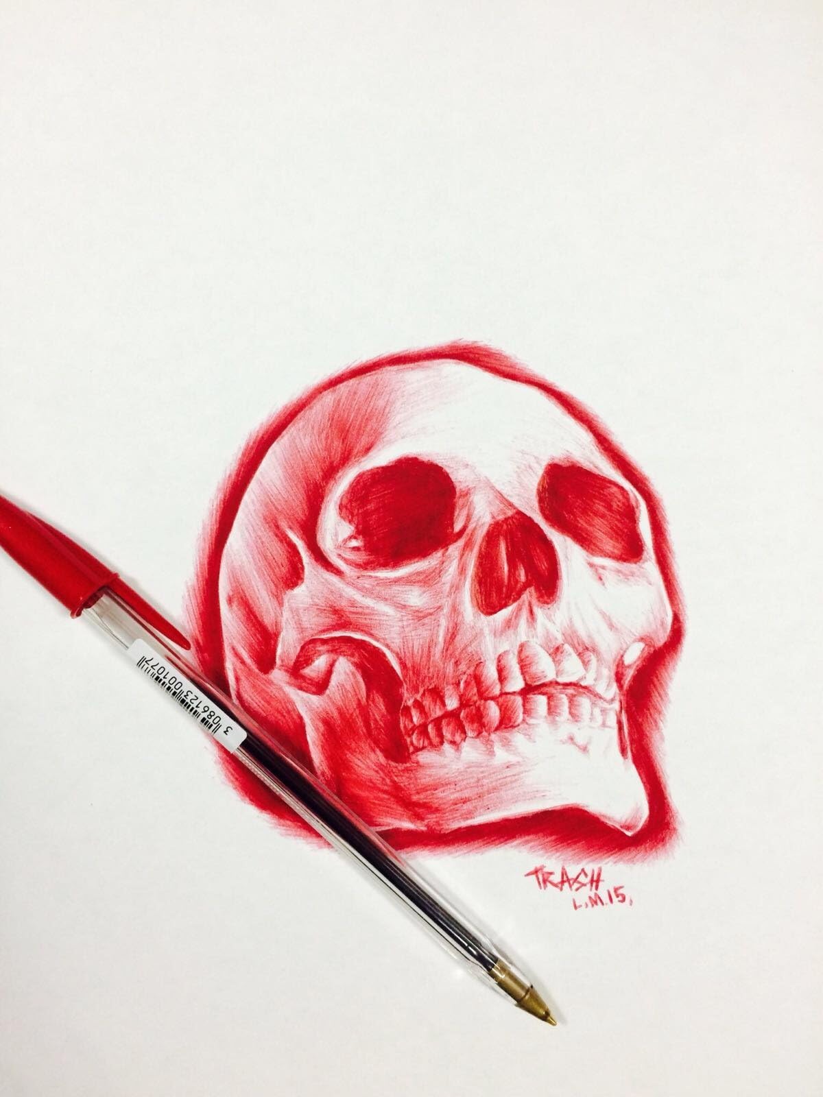 Limited Edition print of a red skull drawn in Bic Biro by Lee 'Trashcan ' Minton