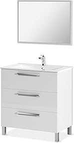 ARKITMOBEL 305423BO - Mueble de baño Athena 3 cajones y Espejo, modulo Lavabo Acabado en Blanco Brillo, Medidas: 80 x 86 x 45 cm de Fondo 