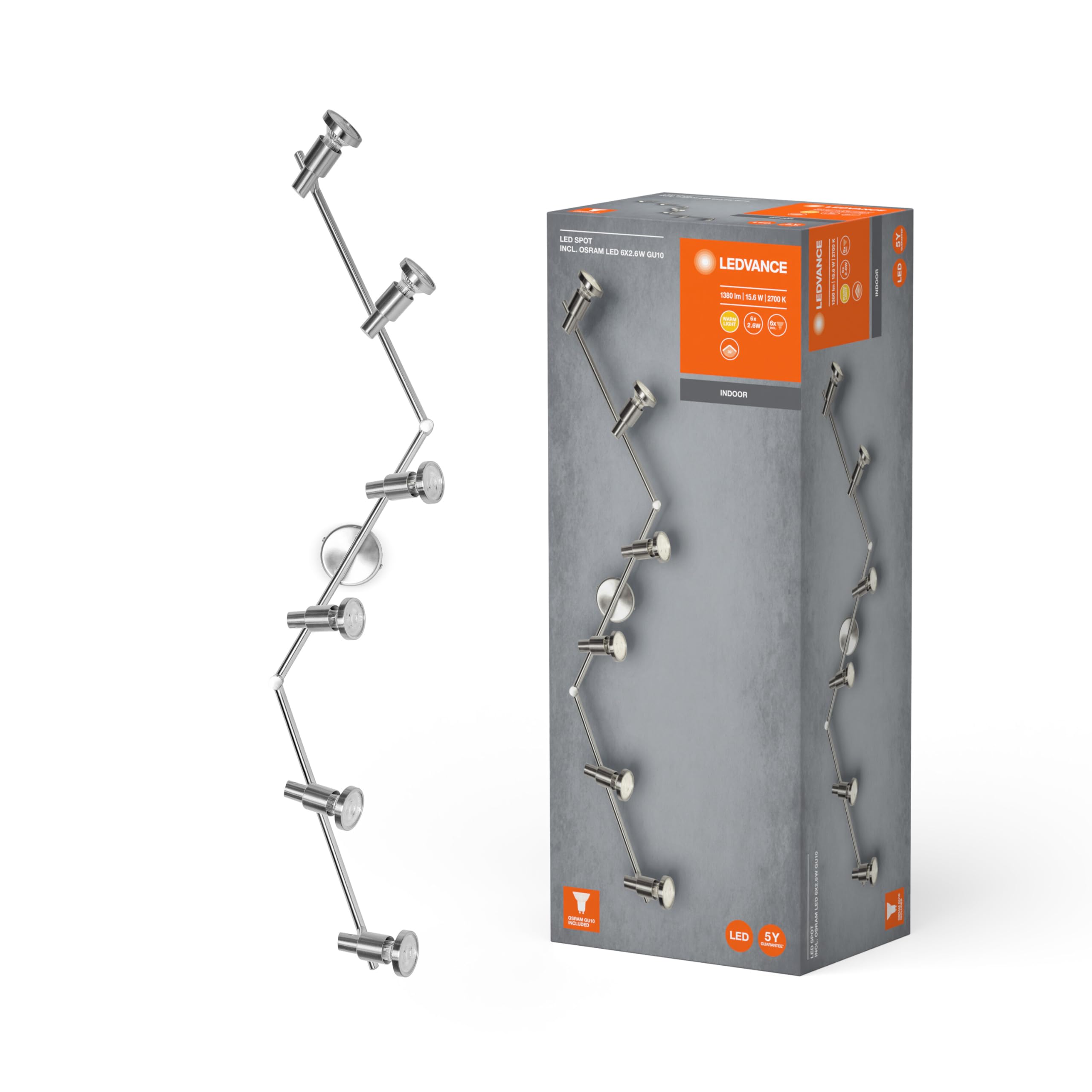 Ledvance LED Spotlight, 6-Flame High-Quality Spotlight Made of Aluminum, Suitable for Indoor Walls and Ceilings, Replaceable GU10 Lamps Included, Warm White (2700K), 3W, LED SPOT GU10 6x3W