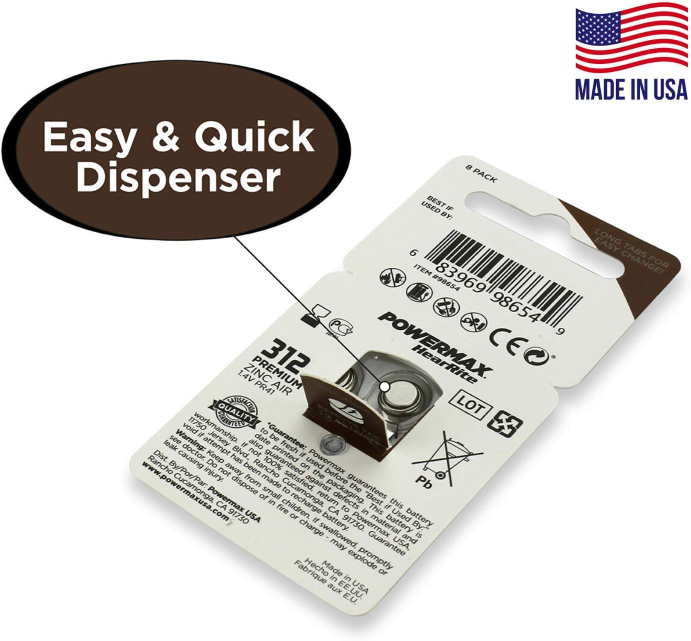 Powermax Size 312 Hearing Aid Batteries, Brown Tab, Made In the USA, 64-Count: Health & Personal Care