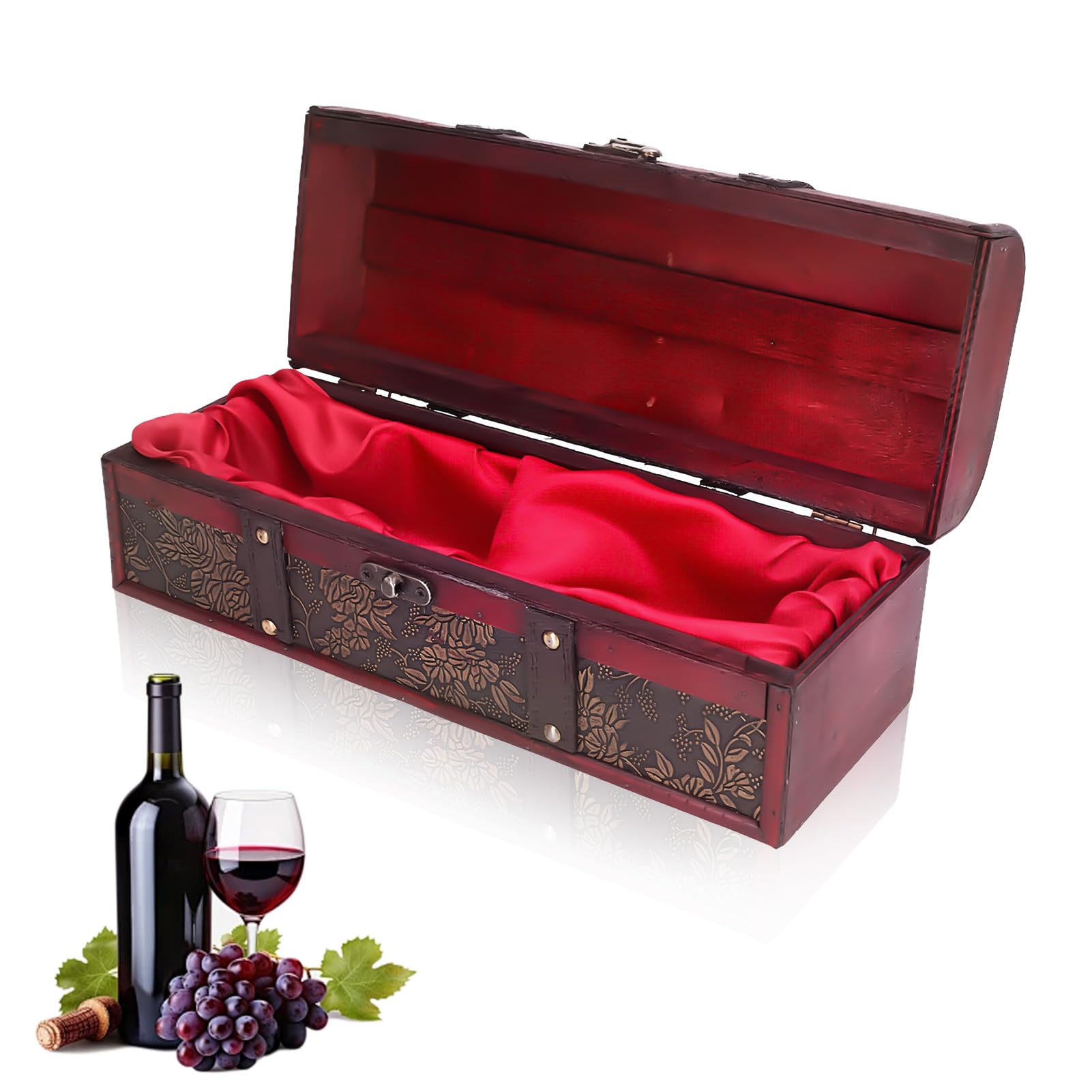 Cyrank Wooden Wine Bottle Box, Vintage Trunk Wine Bottle Gift Box Vintage Wooden Wine Bottle Storage Box for Red Wine Champagne Single Bottle Packing Wooden Wine Box with Lid and Handle